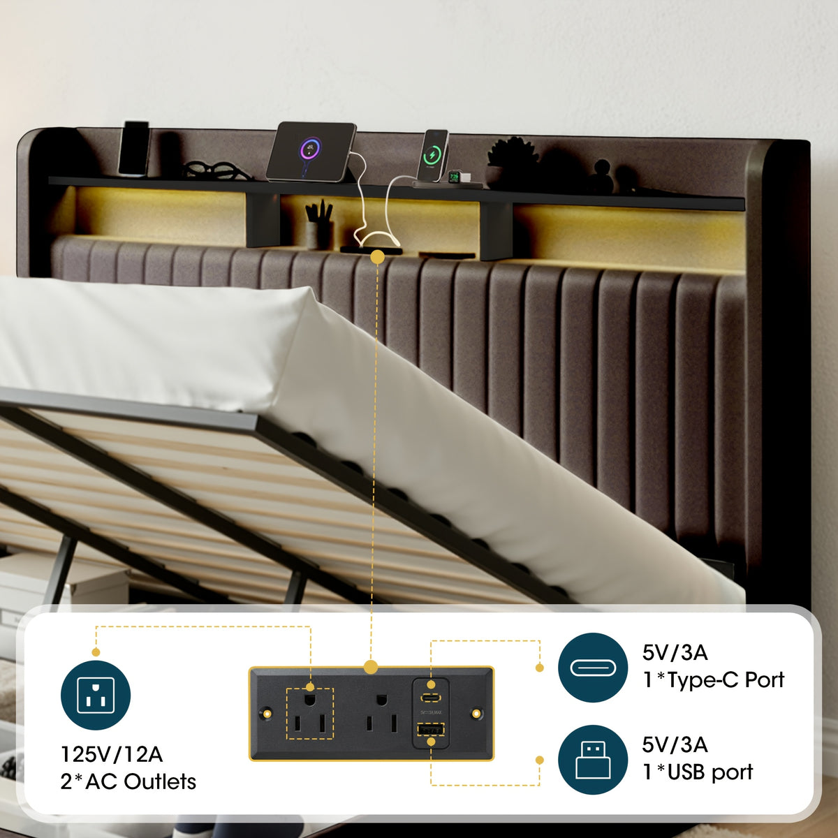WEEWAY Lift Up Storage Bed Frame, Velvet Vertical Channel Headboard, LED Light And Charging Station, Hydraulic Support, Noise-Free Wooden Slats, No Box Spring Needed, Bedroom Furniture, Masterroom, Guestroom, White, Black, Cream, Grey, Free Shipping