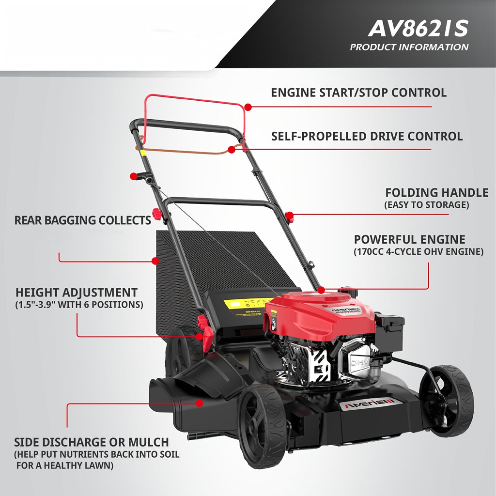 Self Propelled Gas Lawn Mower 21In. 170Cc, Gas Engine 3-In-1 Mulch, Bag, Side Discharge, 6-Position Height Adjustment, Lawn Mower, Self Propelled Lawn Mower, Lawn Care Equipment, Yard Maintenance, Adjustable Height Mower, Versatile Discharge