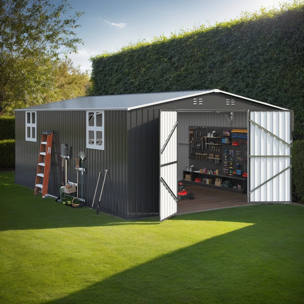 [Extra-Large Metal Shed] 5X3/12X16/12X18 FT Outdoor Storage Shed, Extra-Large Metal Shed With Hinged Door And Windows, Heavy-Duty Metal Tool Shed For Backyard, Garden, Patio, Or Lawn, Black