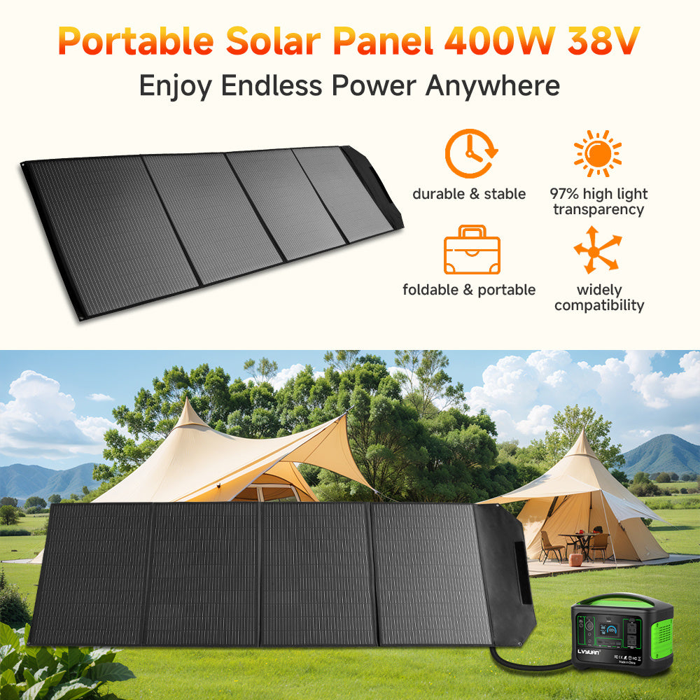 400W Foldable Solar Panel Kit — Adjustable Rack for RV Travel, Van Life, Camping and Emergency Power