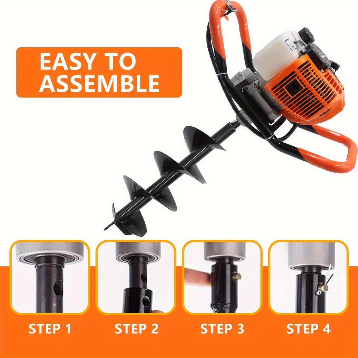 62CC Auger Post Hole Digger, 2 Stroke Gas Powered Earth Post Hole Digger With 2 Auger Drill Bits (6" & 8") + 1 Extension Rods For Farm Garden Plant, Orange (62CC)