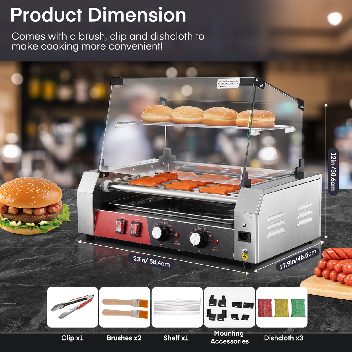 7 Rollers Hot Dog Roller, 19-24 Hot Dogs Capacity, Stainless Steel Hot Dog Machine with Bun Warmer Shelf, Dual Temp Control, Glass Cover, Removable Tray for Commercial And Party (1050W)