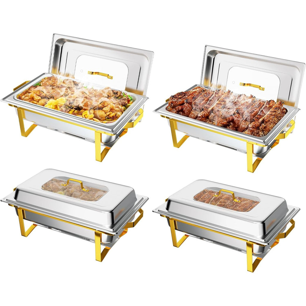 MEFEIR Chafing Dishes for Buffet 4 Pack, 9QT Chafing Dish with Multiple Food Pans Combo,Stainless Steel Buffet Servers and Warmers with Glass Lid & Folding Frame for Parties Weddings, Gold & Silver only for cooking