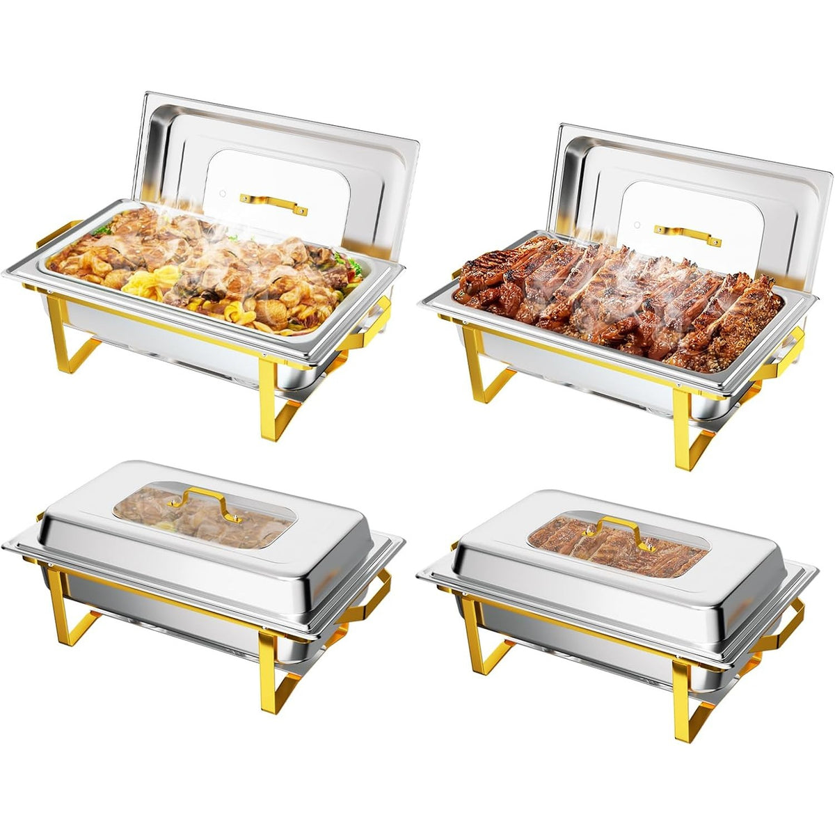 MEFEIR Chafing Dishes for Buffet 4 Pack, 9QT Chafing Dish with Multiple Food Pans Combo,Stainless Steel Buffet Servers and Warmers with Glass Lid & Folding Frame for Parties Weddings, Gold & Silver only for cooking