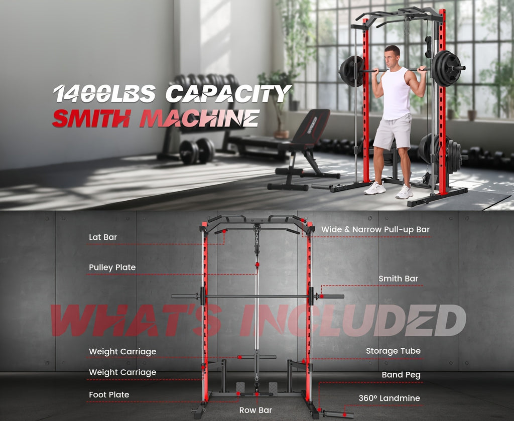 Likein Smith Machine Power Rack with LAT-Pull Down System & Cable Machine, Multi-Function Power Cage with Landmine, Barbell Bar, Plate Storage Pegs And More Training Attachment Squat Rack