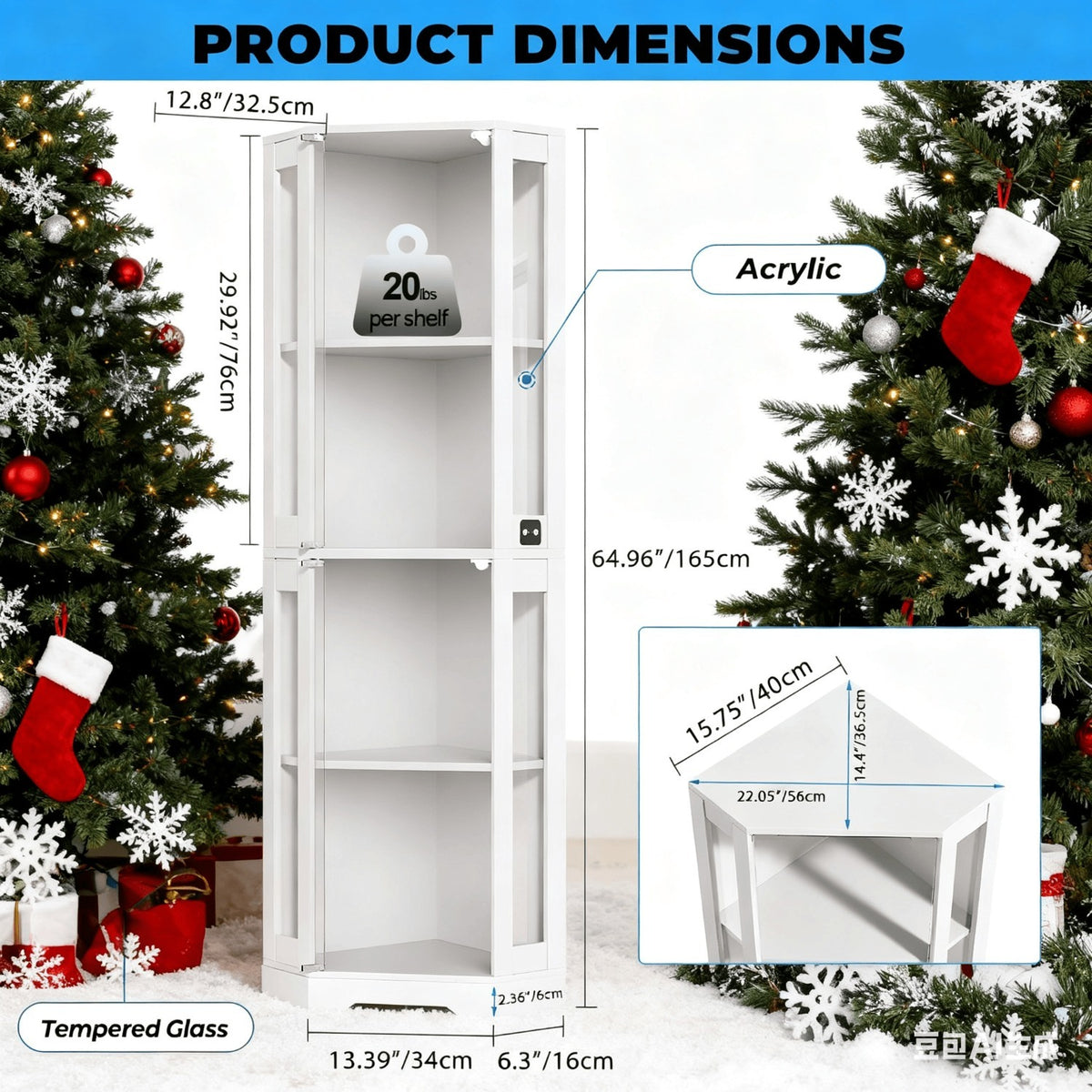 Office Bookshelf with Corner, 4-layer Glass Storage Display Cabinet, with Three LEDs and Human Body Sensor, Can Store Figures, Books, Documents, Medals, Suitable for Living Room, Bedroom, Office