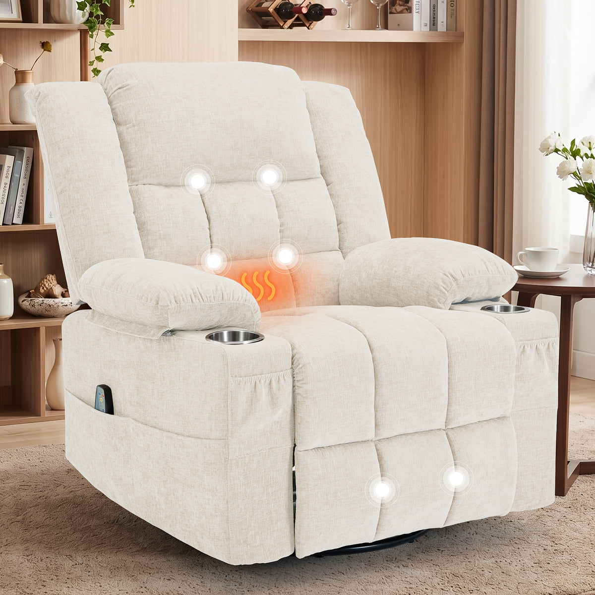 Swivel Recliner Chair for Adults with Massage and Heat — A 360° Rocking Seat for Living Rooms and Bedrooms