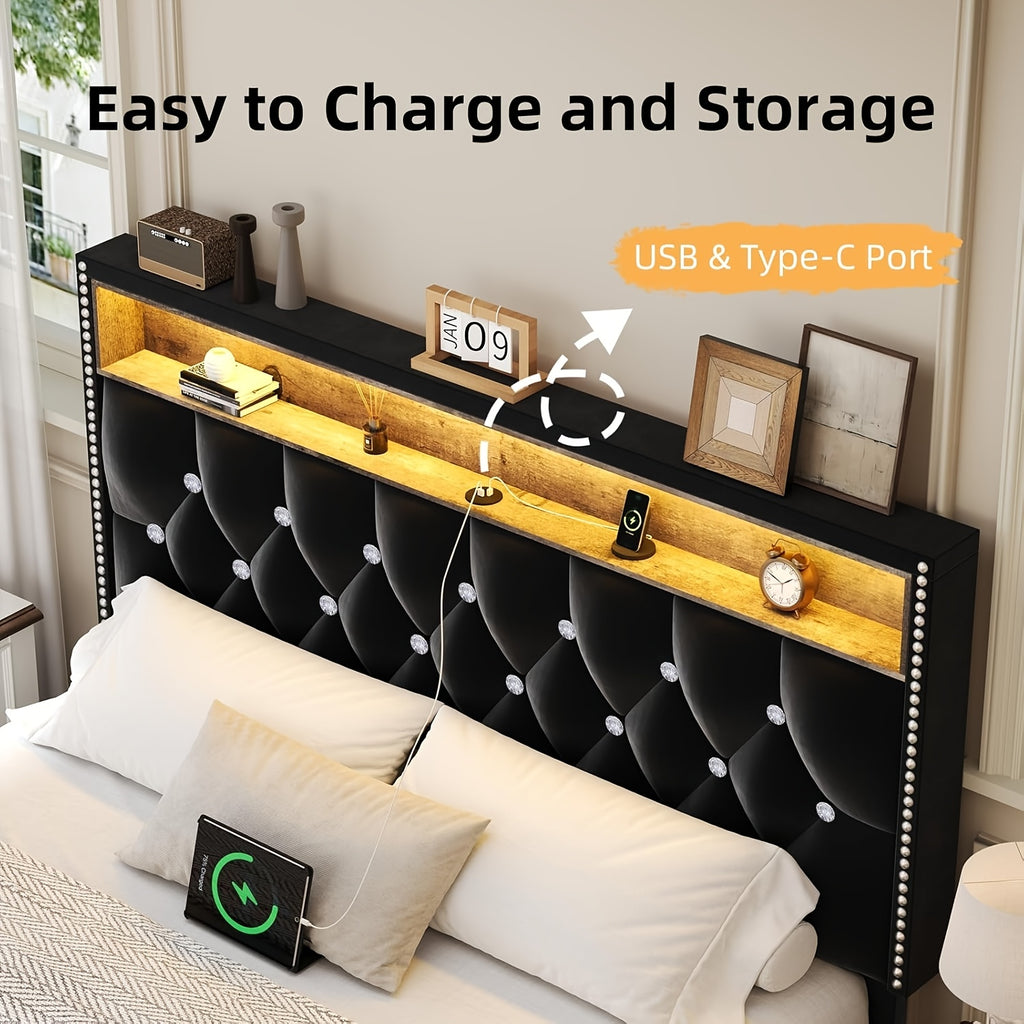 Bed Frame with LED Lights, Velvet Upholstered Platform Bed with Storage Headboard, Charging Station And Diamond Tufted Design - No Box Spring Required - Easy Assembly - Black