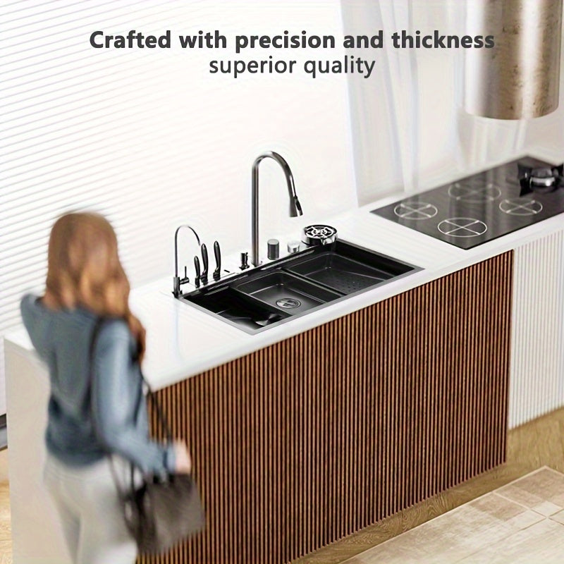 Elegant Stainless Steel Rectangular Kitchen Sink with Digital Display Faucet and Right Drainage Position - 22cm/8. 7in X 46cm/18. 1in