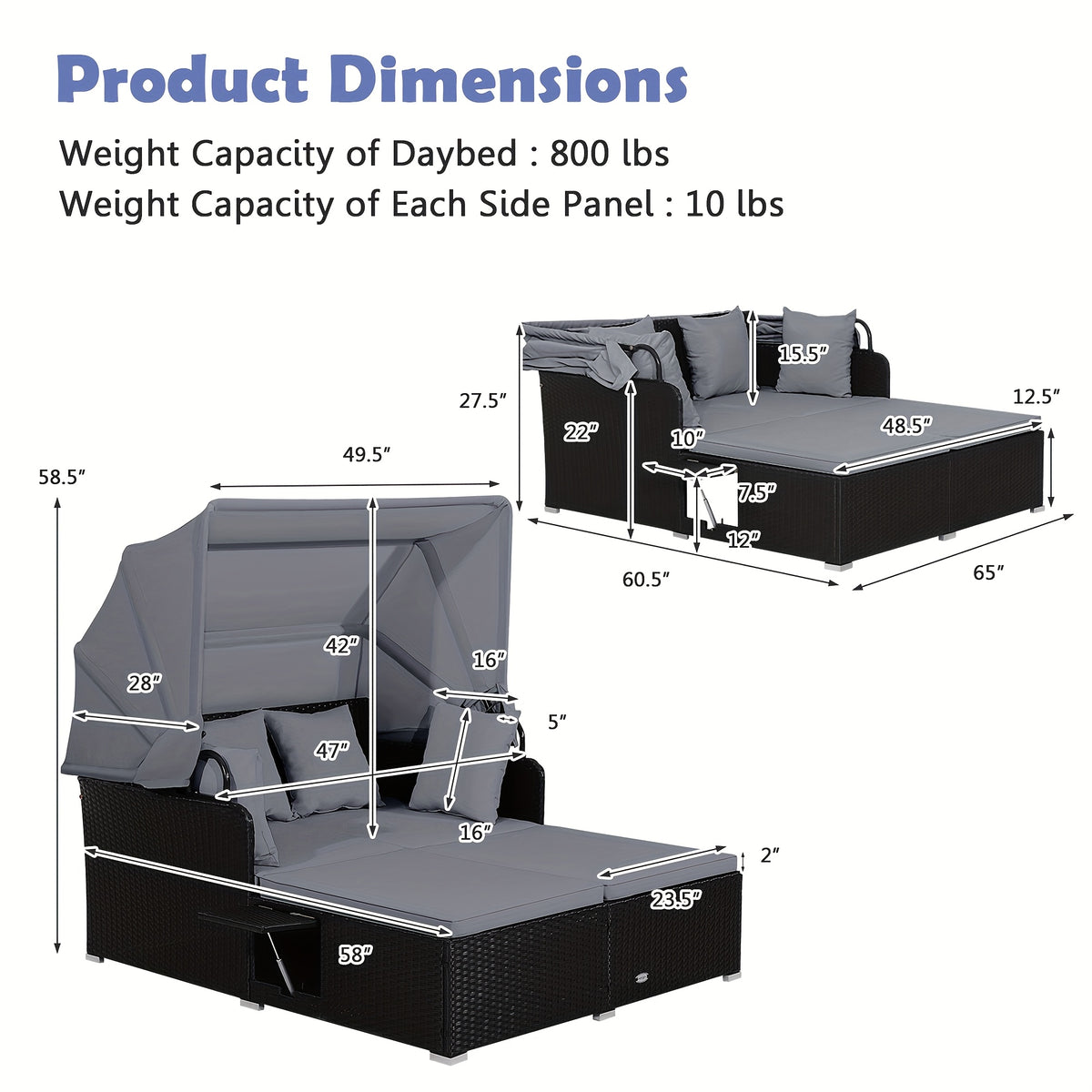 COSTWAY Patio Rattan Daybed Lounge Retractable Top Canopy Side Tables Cushions Gray.