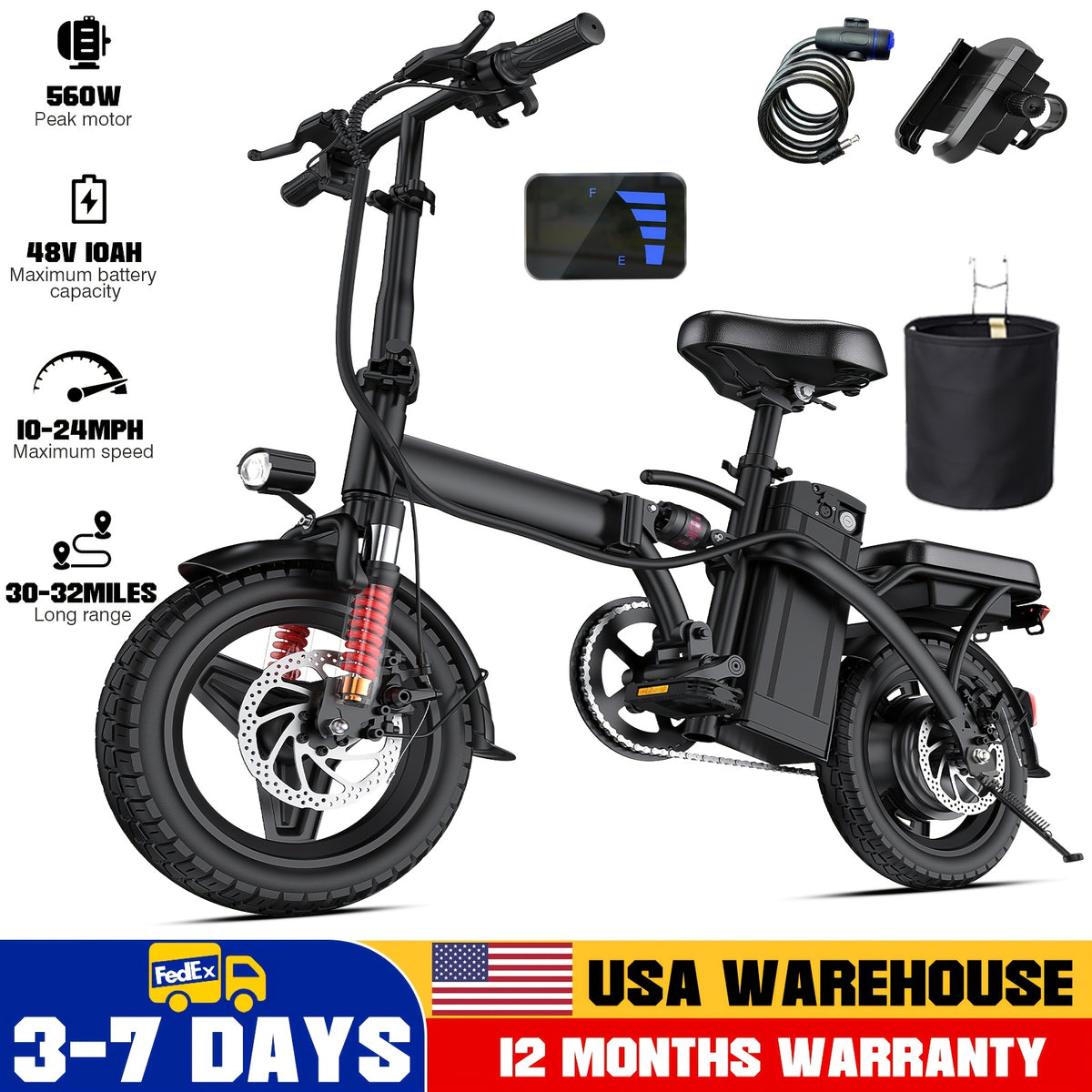 Adult And Adolescent Electric Bicycles, 560 Watt Motor, 10-24MPH, Range of 30-32 Miles, 48 Volt 10 Ampere Hour Battery, 3-Speed Assisted Riding, 14 Inch Foldable Electric Bicycle, Women'S Foldable Electric Bicycle