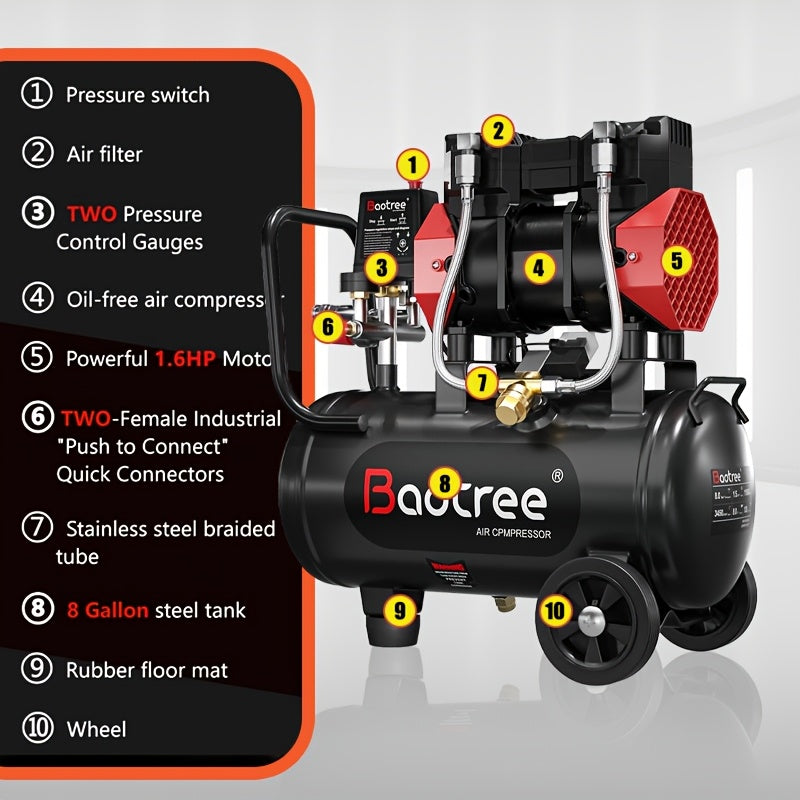 Ultra Quiet 14/10/8 Gallon Oil-Free Air Compressor With Wheels, Fast 60-Second Inflation, 3.5MPA Durable Design & Automaticoverheat Protection For Home/Commercial Use
