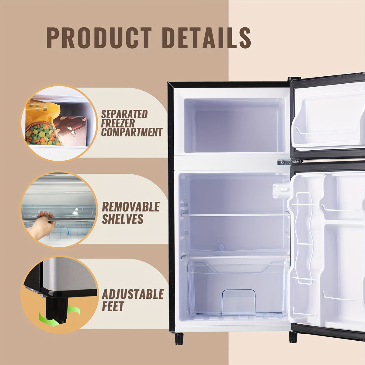 WANAI Double Door Small Refrigerator with Freezer, 3.5/4.5/5.0 Cu.Ft Small Fridge with 7 Level Adjustable Thermostat & Removable Shelves, Mini Refrigerator for Kitchen Apartment And Office, Silvery