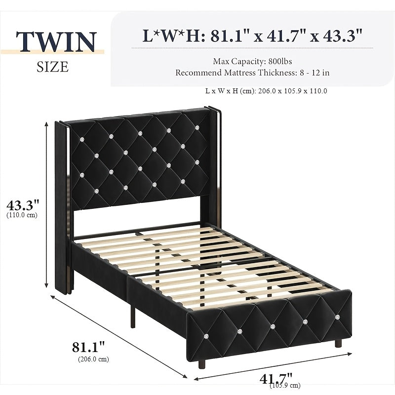Twin Full Queen King Size Bed Frame, Upholstered Bed Frame with Diamond Tufted Headboard, Modern Silvery Side Wing Back, No Box Spring Needed, Easy Assembly, Purple, Black, Blue, Green, Pink, White
