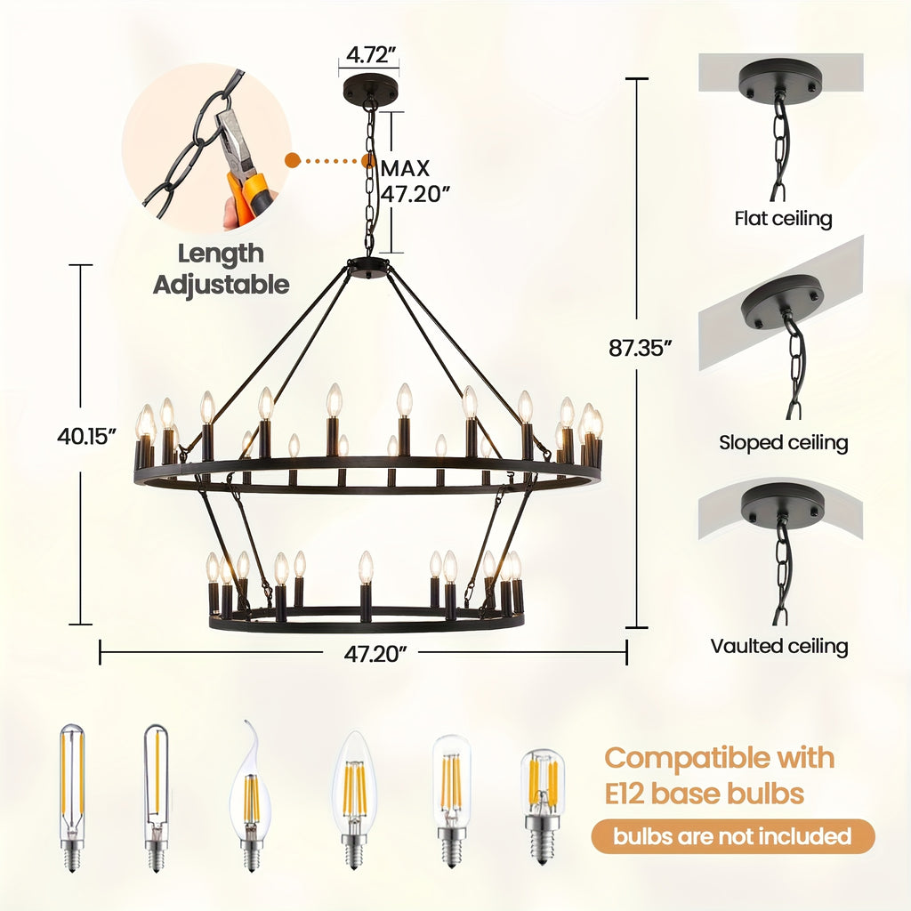 [Modern Farmhouse Chandelier] Modern Farmhouse Chandelier 2 Tier Round Wheel Chandelier Large High Ceiling Light