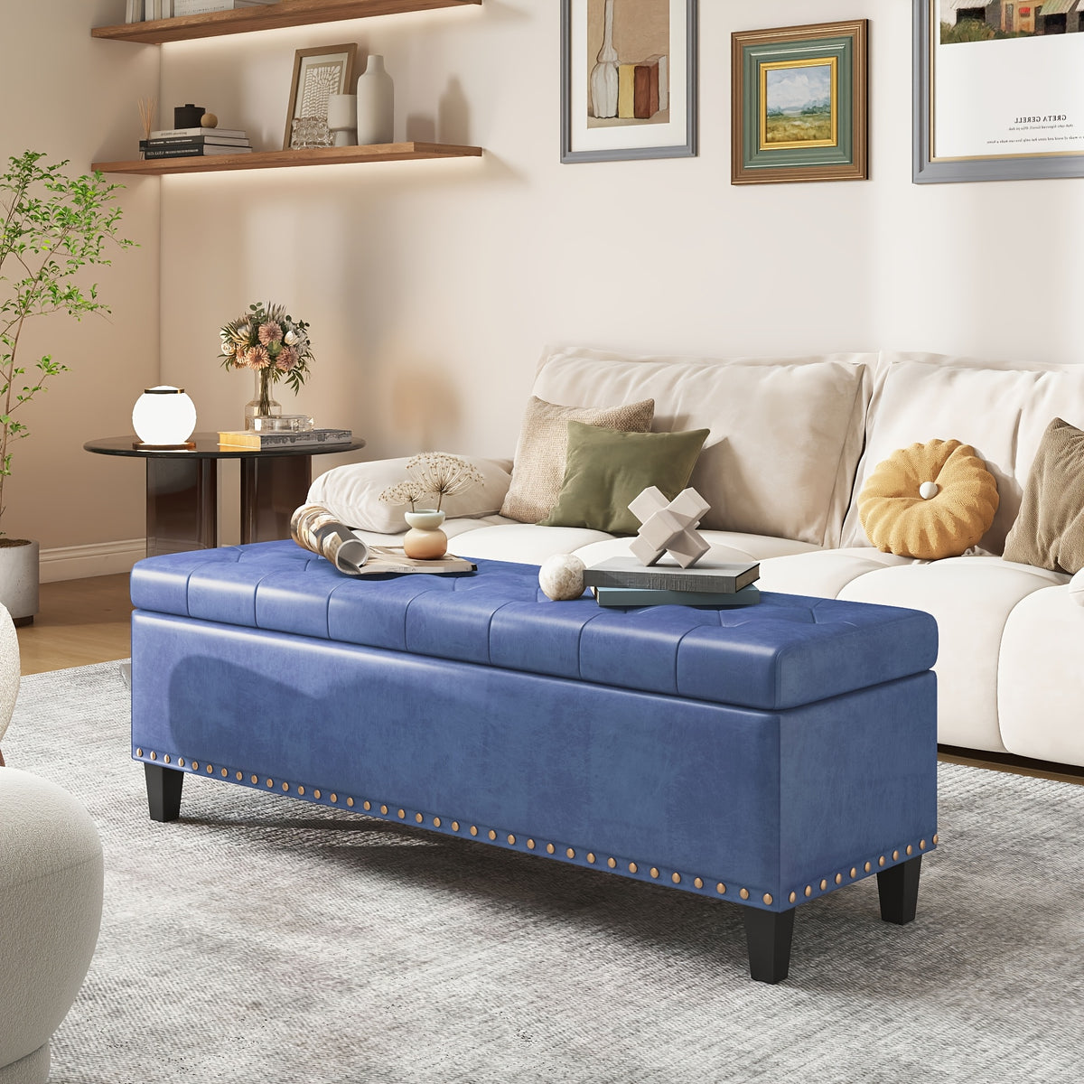 51-Inch Storage Ottoman Bench, Upholstered End of Bed Ottoman Bench with Storage and Seating, Large Faux Leather Bench for Foot Rest in Bedroom, Living Room, Entryway, Hallway