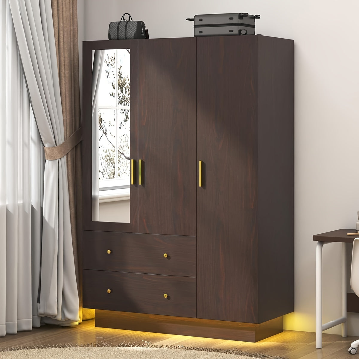 Modern Wardrobe Closet with Mirror And LED Lights, Bedroom Armoire with Drawers And Shelves, Wooden Closet Cabinet with Hanging Rod