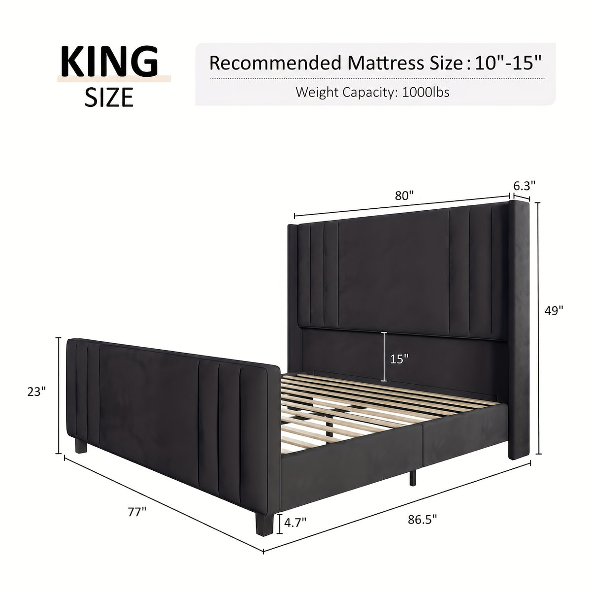 LUXOAK Velvet Upholstered Platform Bed Frame with Vertical Channel Tufted Wingback Headboard & Footboard - Mattress Foundation with Wood Slats, No Box Spring Required