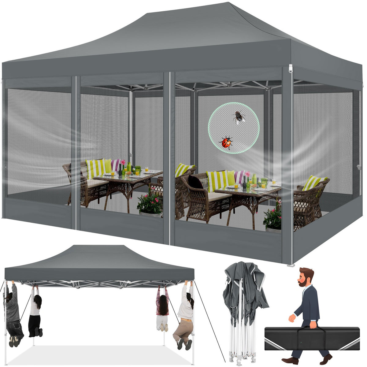 Hoteel 10x15 Heavy Duty Pop Up Canopy Tent with 4 Sidewalls, Commercial Gazebo Party Tent with Mosquito Netting Wall Easy Up Outdoor Instant Screen Tent for Backyard, Beach, Patio, Garden