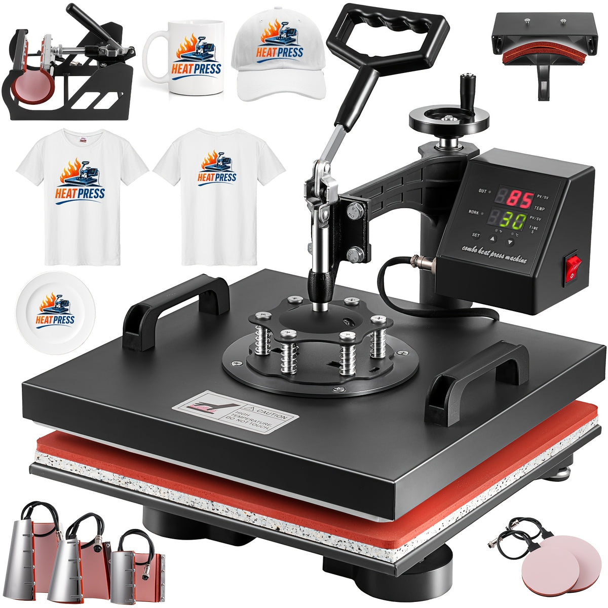 8-in-1 Heat Press Machine, Equipped with 15x15 Inch / 15x12 Inch Pressure Plates, 360° Rotating T-shirt Heat Transfer Machine, Digitally Controlled Dual LED Display, Suitable for Sublimation Transfer on T-shirts, Hats, Mugs, Plates, and Other Items