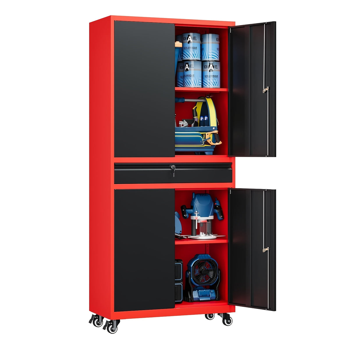 SISESOL Metal Garage Storage Cabinet With Locking Doors And Adjustable Shelves, Rolling Tool Storage Cabinet With 4 Wheels And 1 Drawer - 73" Steel Locking Cabinet For Garage, Warehouse