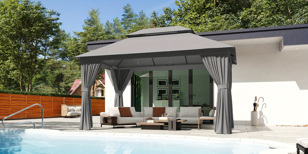 10'x12'/10'x10'/8'x8' Outdoor Gazebo & Pergola for Patio - Double Roof Steel Canopy with Mosquito Net And Privacy Screen, Heavy Duty Party Tent Shelter for Backyard, Lawn, Garden, All-Weather Gazebos with Patio Cover (Grey/Beige/Blue)