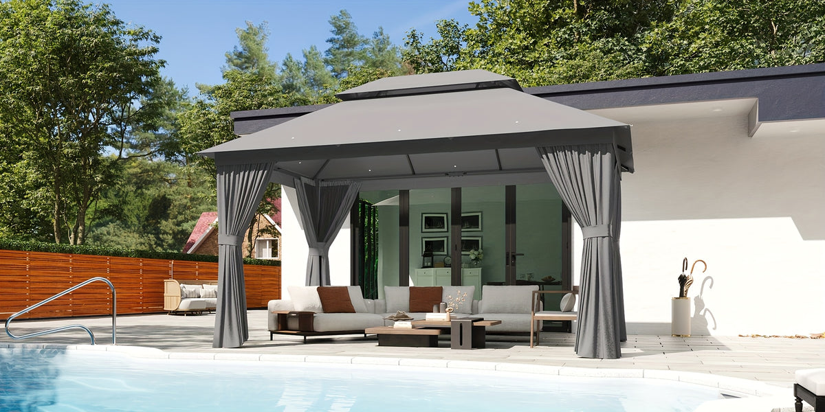 10'x12'/10'x10'/8'x8' Outdoor Gazebo & Pergola for Patio - Double Roof Steel Canopy with Mosquito Net And Privacy Screen, Heavy Duty Party Tent Shelter for Backyard, Lawn, Garden, All-Weather Gazebos with Patio Cover (Grey/Beige/Blue)