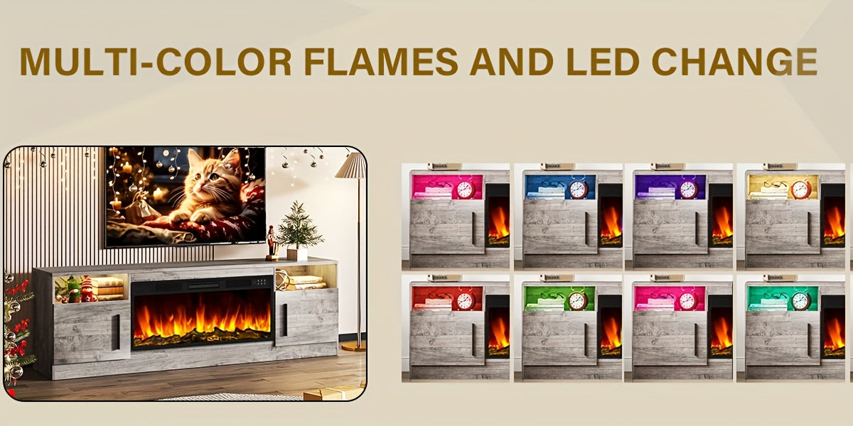 Fireplace TV Stand Entertainment Center with 36" Fireplace, Media TV Console with High Gloss Storage Cabinet And 16 Colors LED Lights, 70" Wooden TV Stand for TVs Up to 80"