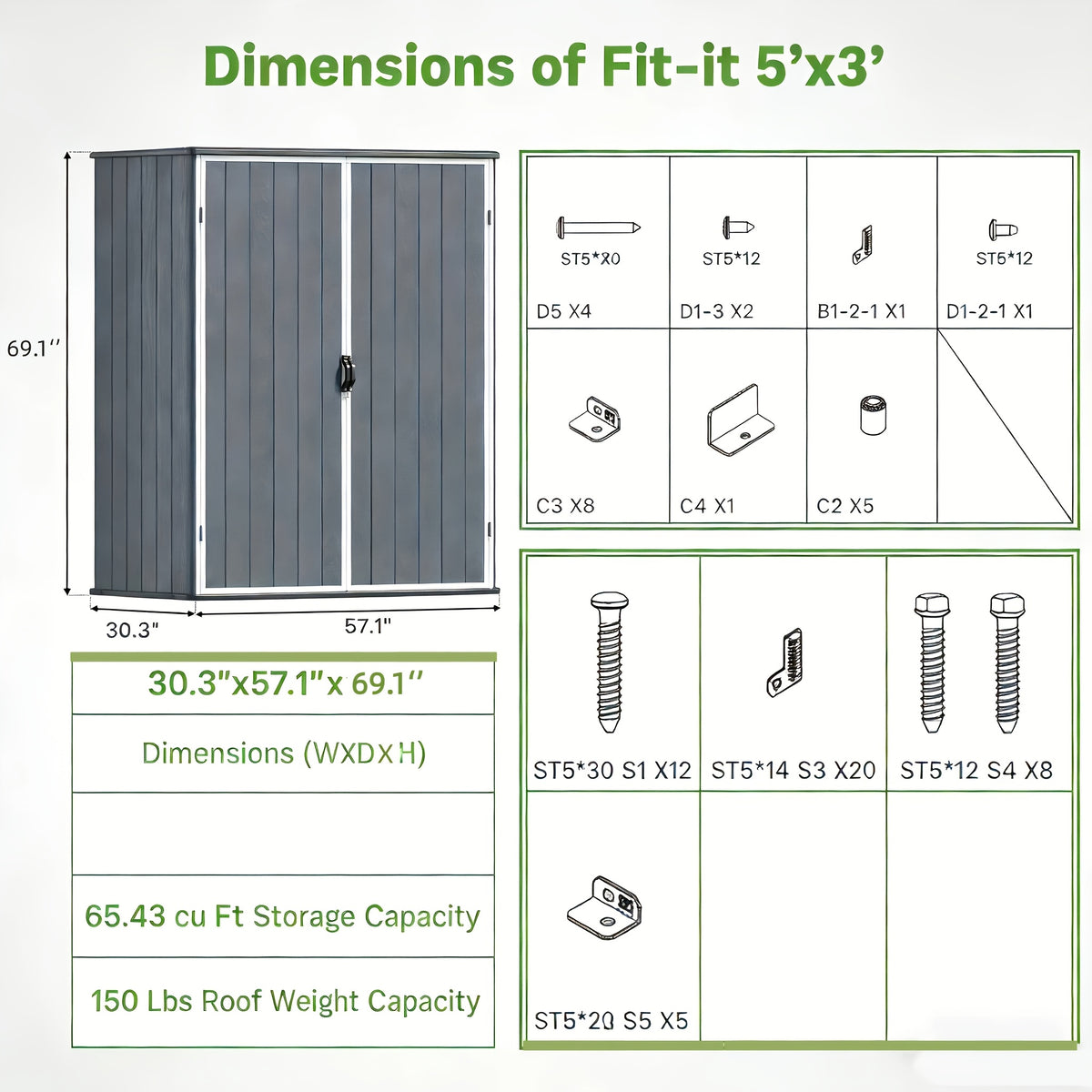 GUNJI 5 X 3 FT Plastic Outdoor Storage Shed, Resin Waterproof Cabinet With Stable Roof And Lockable Doors For Patio Furniture, Pool Accessories And Tools, Available In Four Sizes