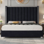 LUXOAK Velvet Upholstered Platform Bed with 58" Tall Channel Tufted Wingback Headboard, Plating Trim & No Box Spring Needed