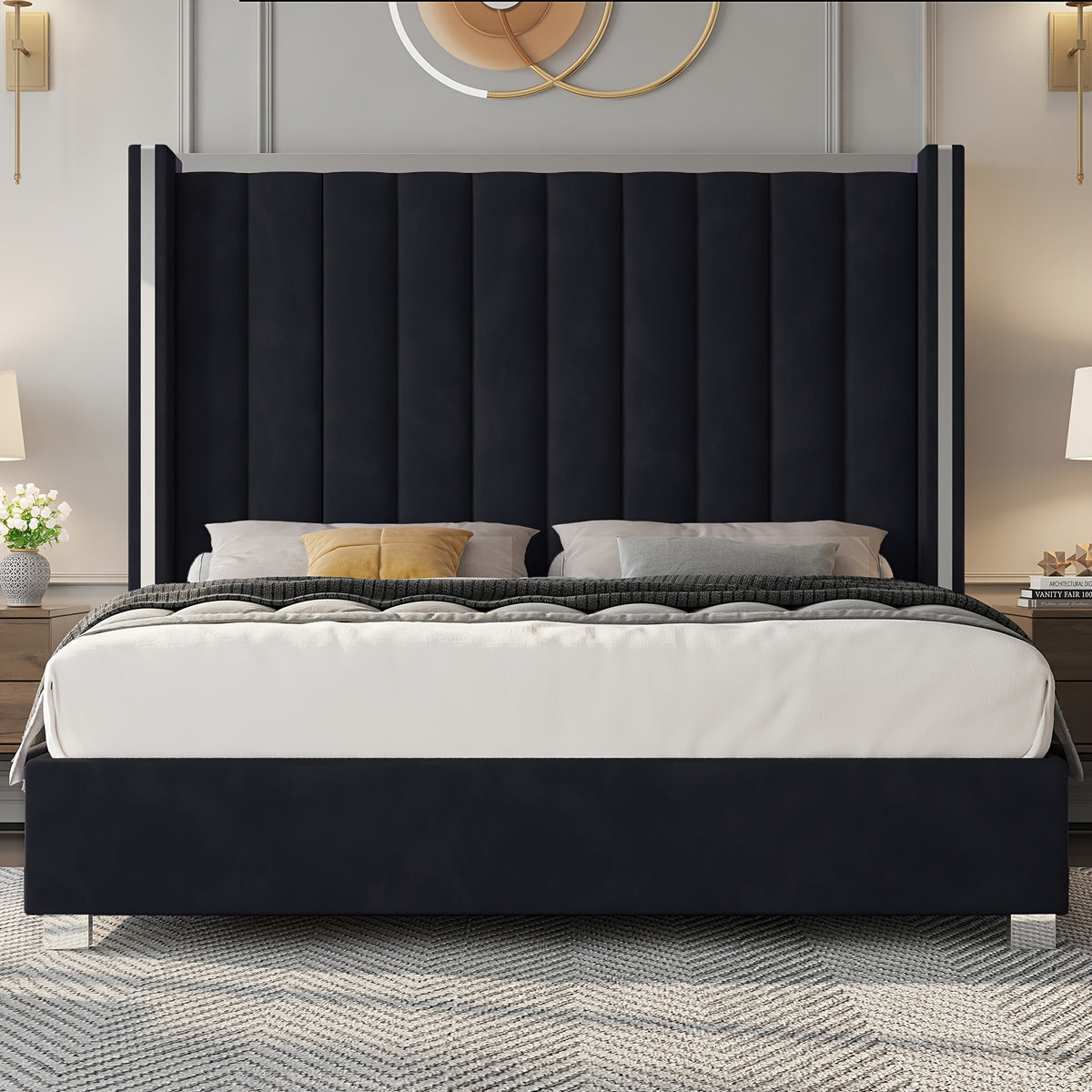 LUXOAK Velvet Upholstered Platform Bed with 58" Tall Channel Tufted Wingback Headboard, Plating Trim & No Box Spring Needed