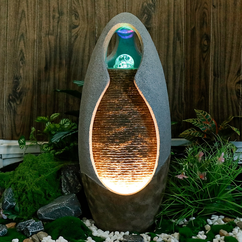 An Indoor Floor Fountain, Standing 27.55 Inches Tall. It's A Home Decor Item, A Large Cobblestone Floor Fountain Ornament, Complete with A Glass Ball And Lighting Features.