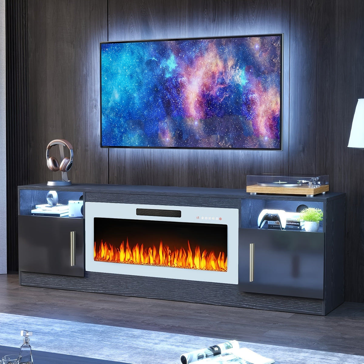 Fireplace TV Stand with 36" Fireplace Up to 80" TVs, 70" Modern Wood High Gloss with Highlight Storage Cabinet, LED Light Entertainment Center with Storage Cabinets for Living Room