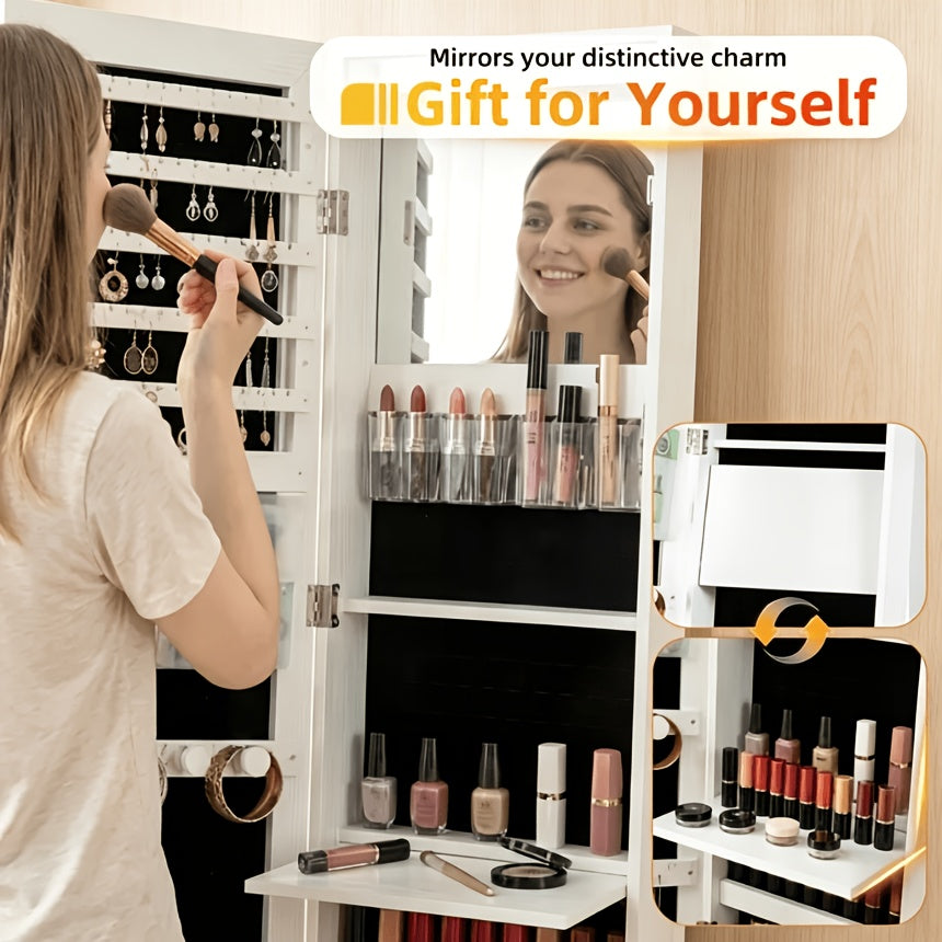 6 LED Jewelry Cabinet with Frameless Full-Length Mirror, 360° Swivel Lockable Organizer Standing Armoire, 3 Storage Shelves, Jewelry Armoires