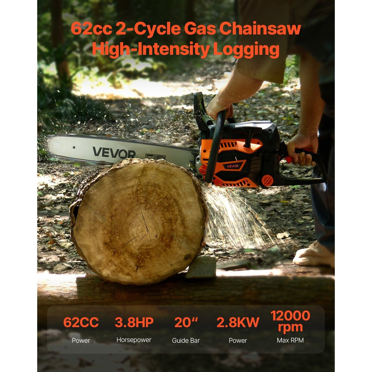 VEVOR 62cc Gas Chainsaw 3.8 HP Gas Powered 20 inch Chainsaw For Wood Cutting