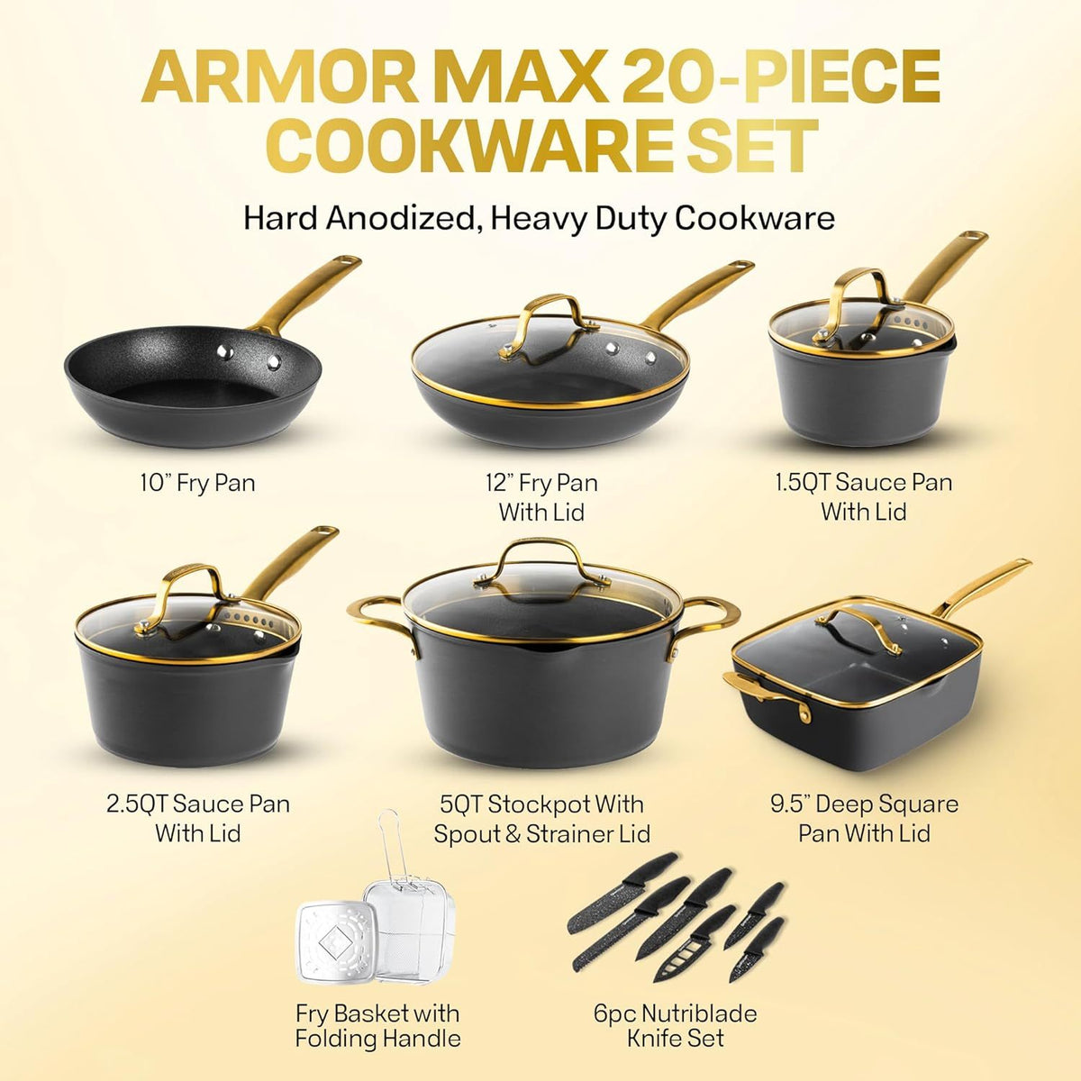Granitestone Armor Max 20 Pc Hard Anodized Pots and Pans Set Non Stick, Induction Cookware Sets, Anodized Cookware Sets, Nonstick Cookware Set with Knife Set and Deep Fryer, Oven & Dishwasher Safe