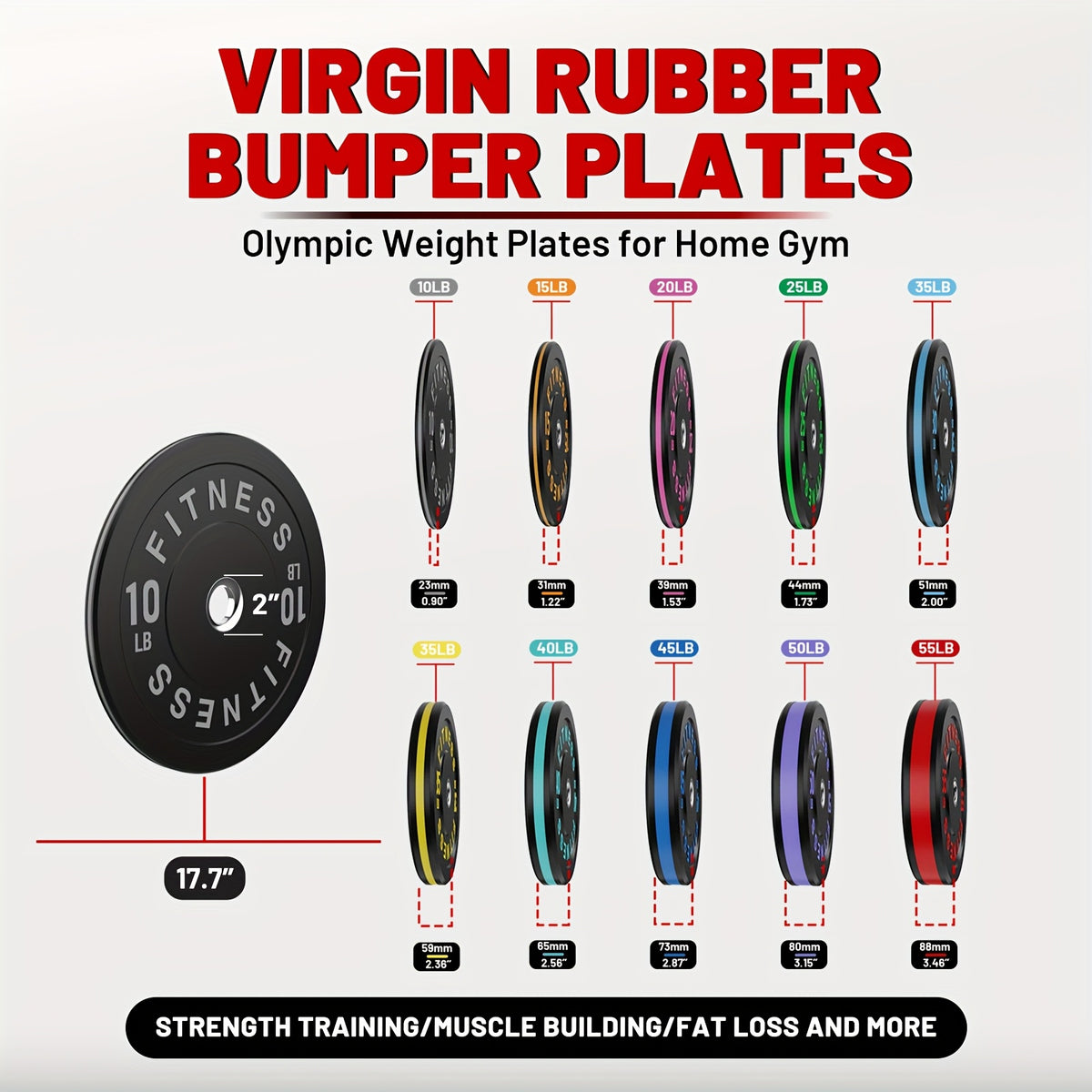 Black Bumper Plates Pro Rubber Weight Plates with Colored Rim, 40-370 Lb Low Bounce Strength Training Plate for Home And Gym, 2 Inch Barbells Weight Set, Vibrant Barbell Weight Plates for Weight Lifting