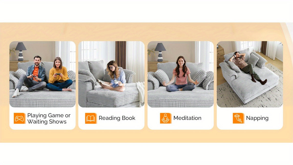 LEADZM Lounge Sofa, 56" Oversized Reading Sofa Corduroy Chaise Sofa Recliner Bed Upholstered Comfy Sleeper Couch with Throw Pillows And Armrests for Living Room, Movie Room, Bedroom