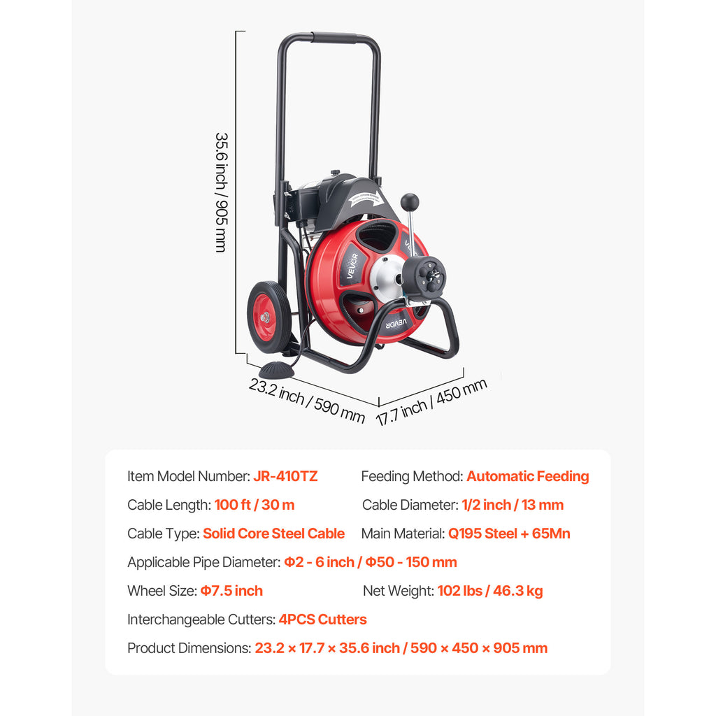 Electric Drain Cleaner Machine by VEVOR with 100 FT Cable for Sewer and Household Drain Clearing