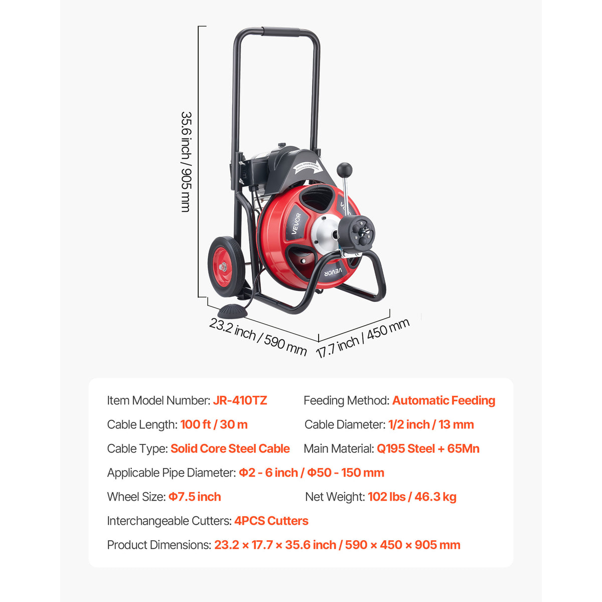 Electric Drain Cleaner Machine by VEVOR with 100 FT Cable for Sewer and Household Drain Clearing