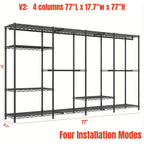 Extra Large Heavy Duty Clothes Rack, 2 Hanging Rods, 11 Dividers, 4 Installation Methods, 1100lb Load Capacity, Size 77"W x 17.7"D x 77"H, Free Standing Metal Wardrobe