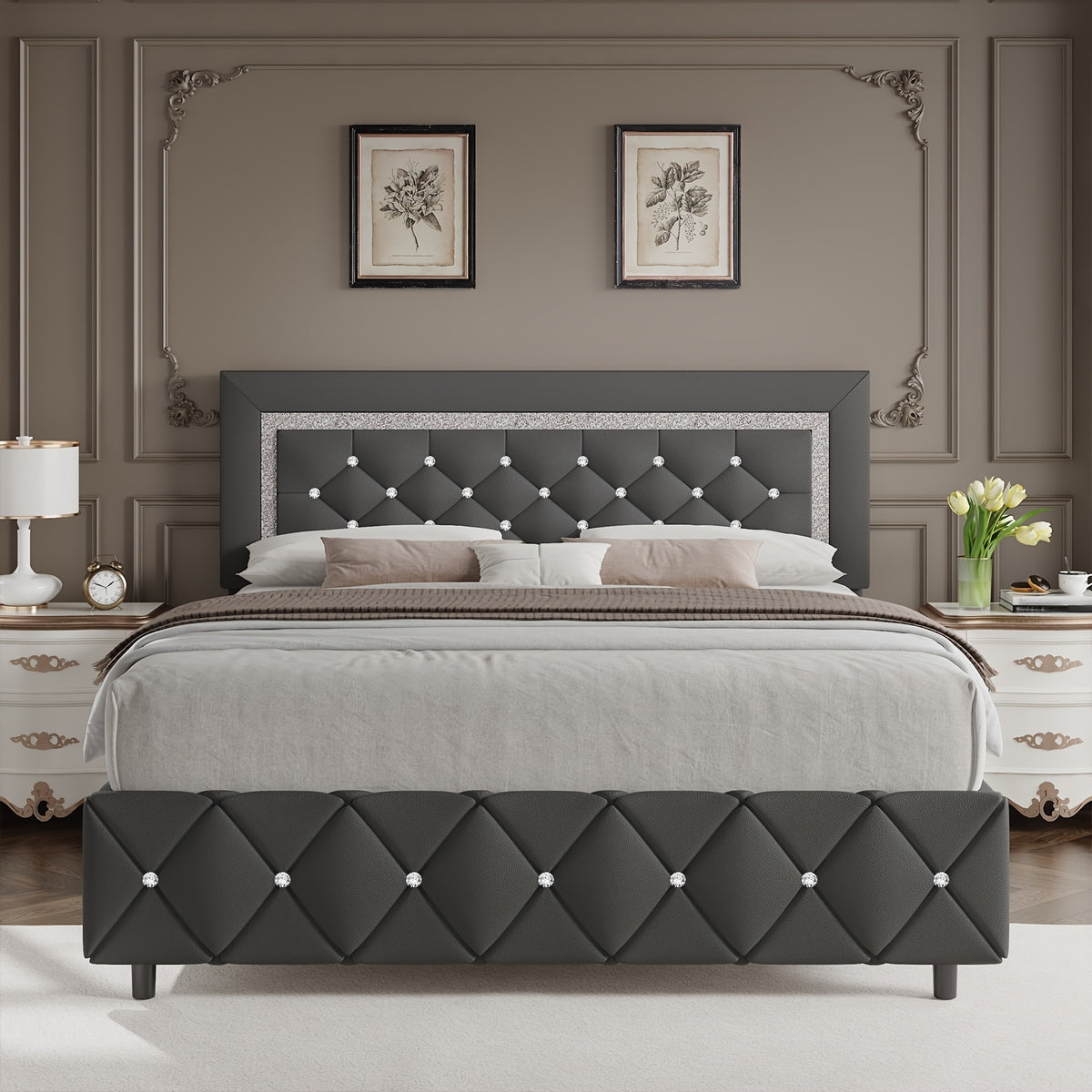 4ever2buy Twin Full Queen King Platform Bed Frame with Upholstered Diamond Headboard, Mattress Foundation with Strong Wooden Slats Support, No Box Spring Needed, Easy Assembly, Valentine's Day Gifts, Pearlized White, Black, Pink, Green, Grey, Beige