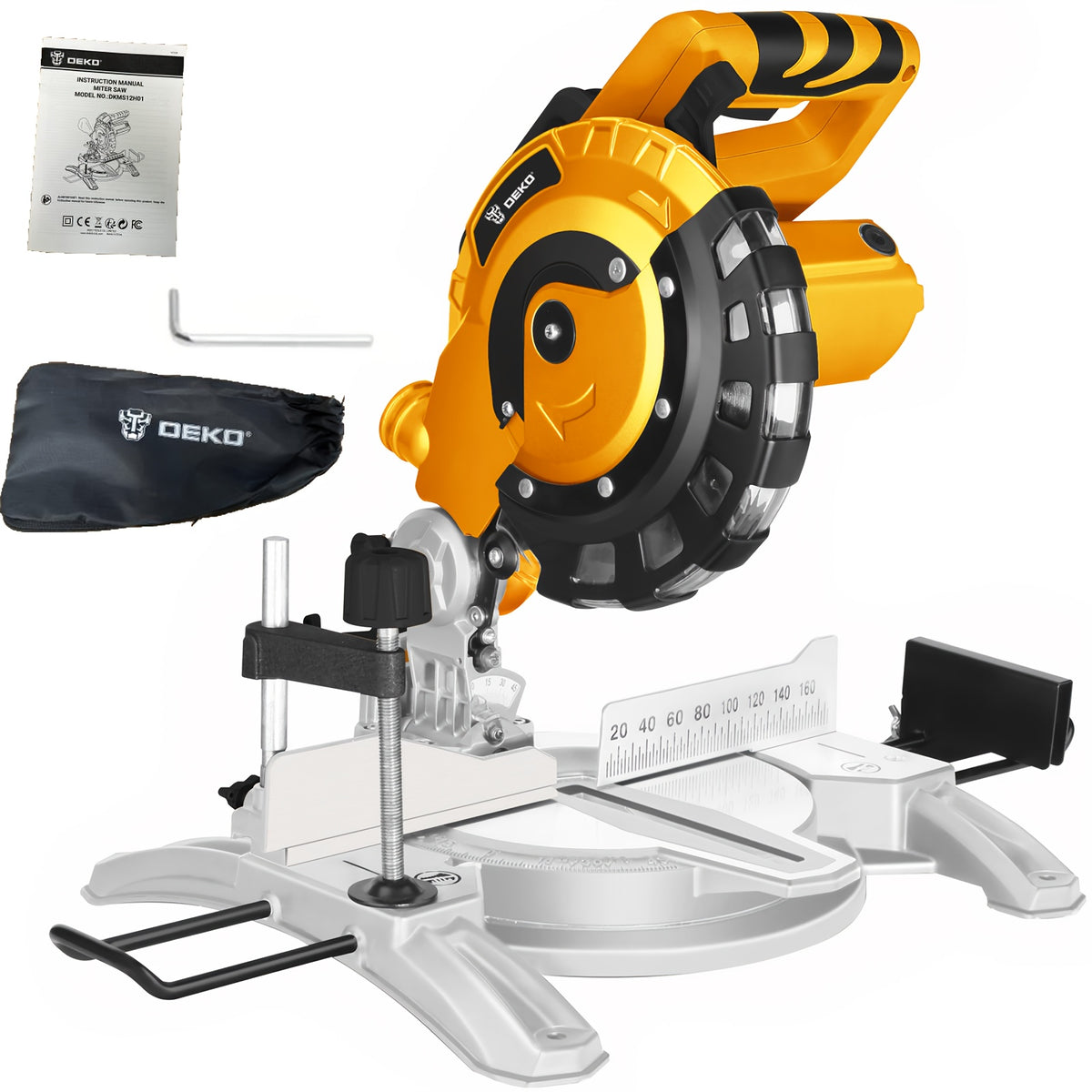 DEKO Corded Miter Saw with Ring Spanner | 210mm Blade | 5000 RPM | 120V 12A/1450W | Electric Sliding Industrial Miter Saw | for Construction Woodworking, Furniture Factories, Metalworking Shops | for Cutting Wood, Metal, Pipes | Easter Gift
