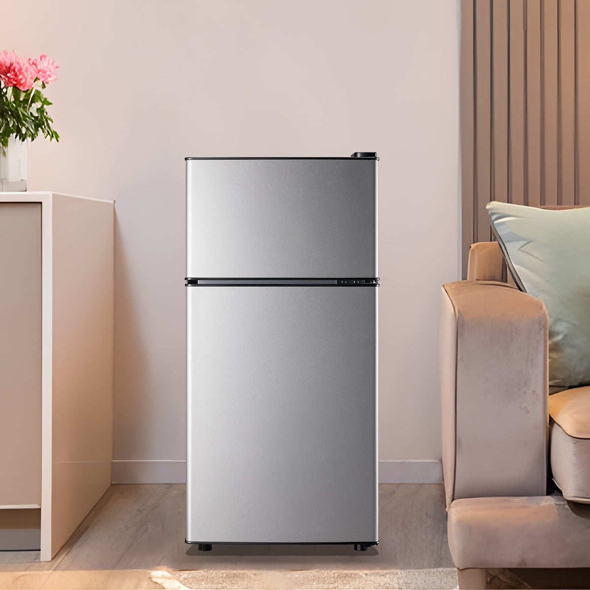 Small Refrigerator for Dorms and Offices, Two-Door Mini Fridge with Freezer and Adjustable Shelves
