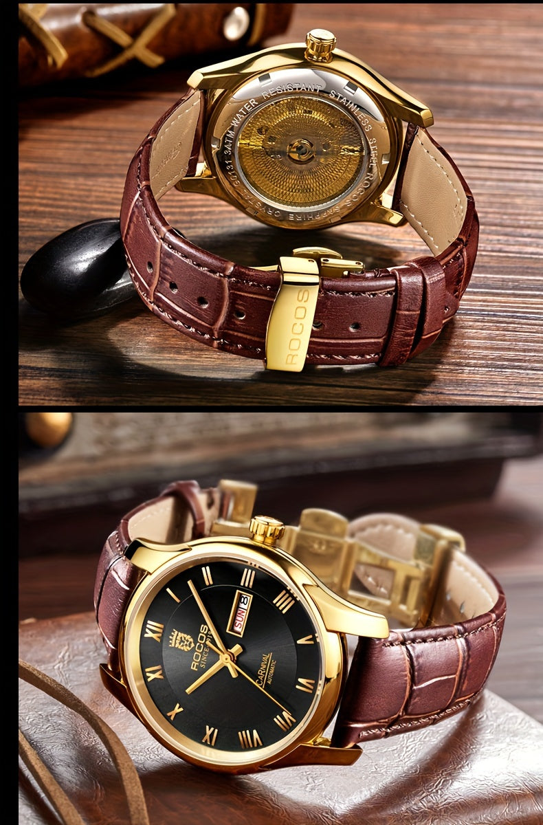 ROCOS Brand Luxury Golden Men's Watches High-end Business Simple Fashion Men's Watches Automatic Mechanical Watches Sun Pattern Brushed Dial Calfskin Strap Waterproof Men's Watches Week Calendar Display Gifts for Men