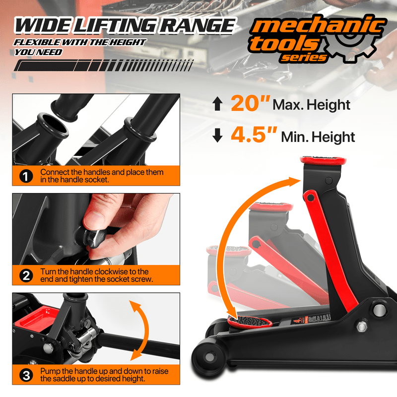 4 Ton Low Profile Hydraulic Trolley Service/Floor Jack, (8000 lbs) Capacity, Lifting Range 4.5"-20"