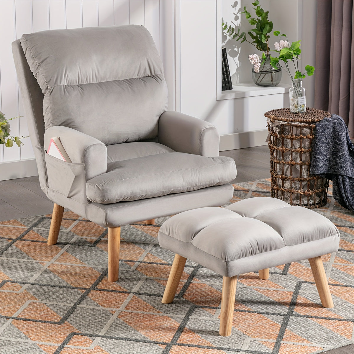 Home Furniture, Modern Style Single Sofa Chair with Ottoman, Adjustable Backrest And Side Pockets, Suitable for Living Room And Bedroom
