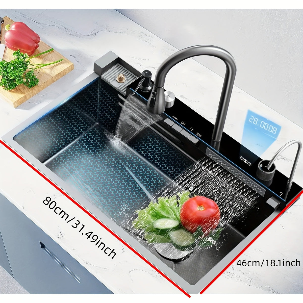 1pc Glam Style Stainless Steel Kitchen Sink with Waterfall Faucet, Self-Rimmed Rectangle Single Bowl, Varnished Finish, Undercounter Mounting, Right Drain, Hydraulic Powered, 22 Inch, No Battery Required, Fruit Washing Station | Sleek Rectangular Sink | S