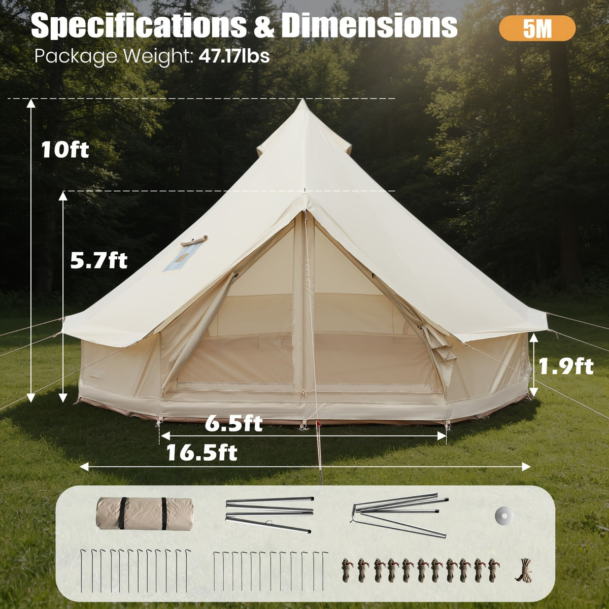 118.11inch/157.48inch/196.85inch Bell Tent, Yurt Tent 6/8/10 Person | 4 Season Glamping Tents With Stove Jack, Zipper Closure, Yellow Color By Consofa For Family Camping Outdoor Party