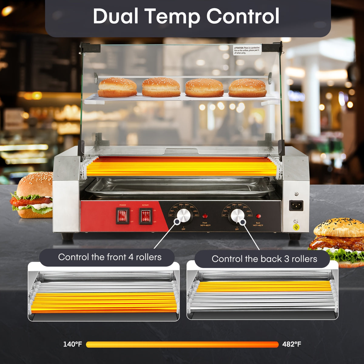 7 Rollers Hot Dog Roller, 19-24 Hot Dogs Capacity, Stainless Steel Hot Dog Machine with Bun Warmer Shelf, Dual Temp Control, Glass Cover, Removable Tray for Commercial And Party (1050W)